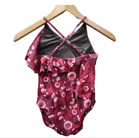 Joyfolie One Piece Ruffle Wrap Burgundy Floral Swimsuit Size 7